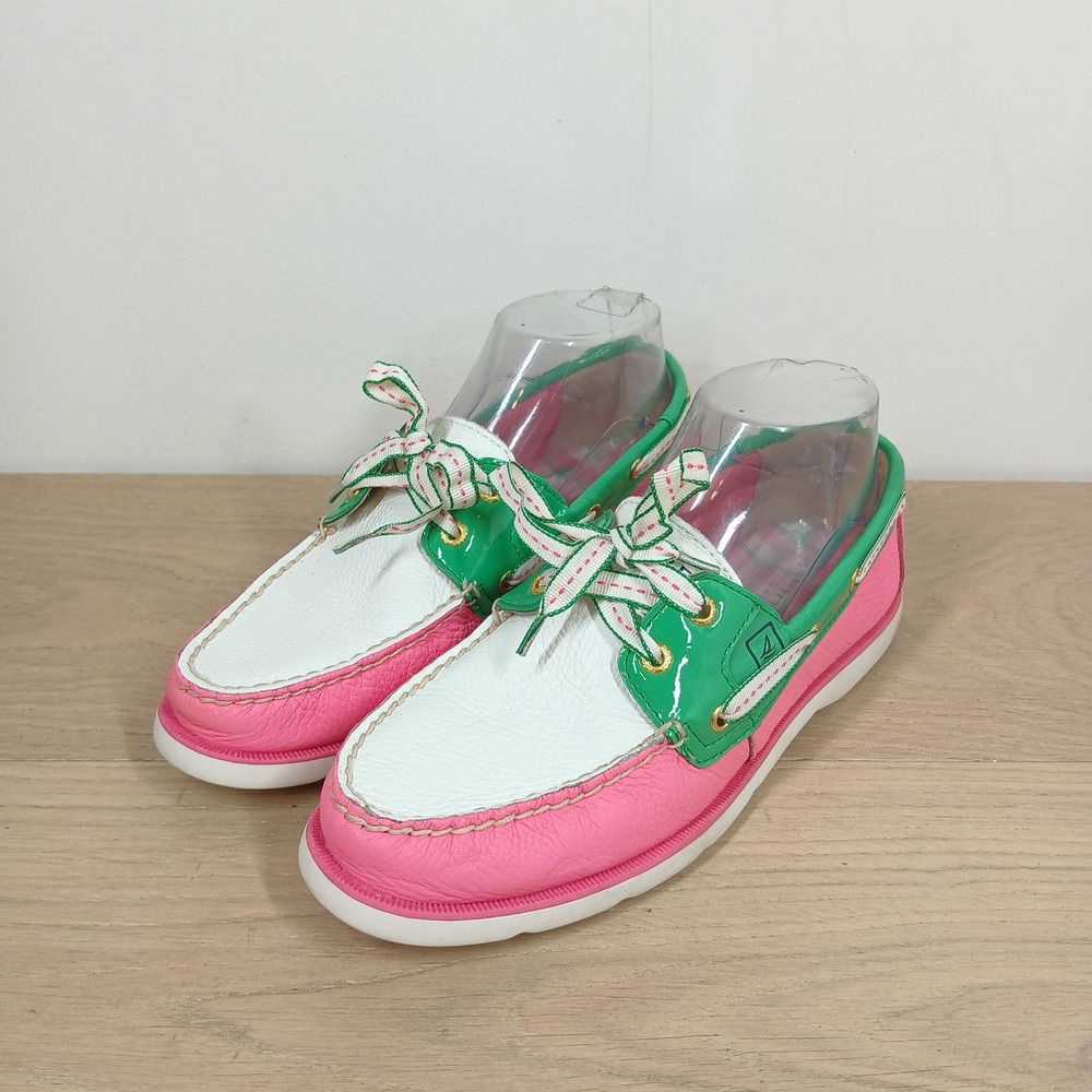 Sperry Top-Sider Boat Shoes Women 7.5 Pink White Leather Green Preppy Nautical
